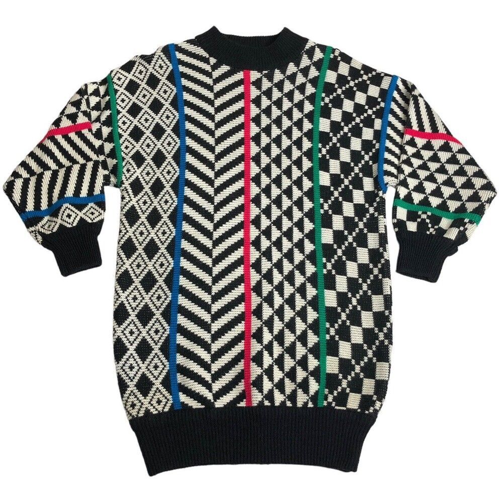 Vintage Traci Taylor Sweater Dress Medium Tunic Knit Memphis Retro Geometric 80s